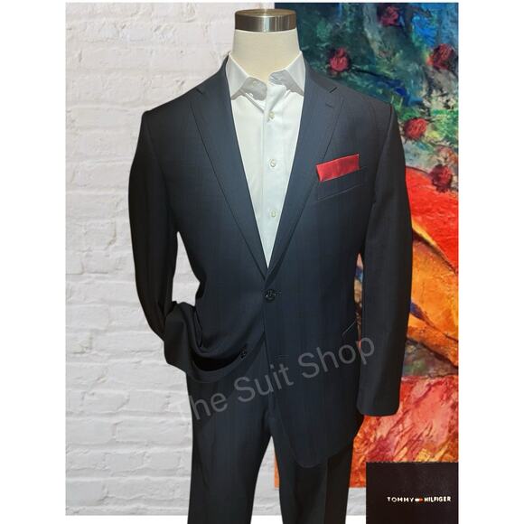 Tommy Hilfiger Mens 46L 38x33 Navy Royal Cobalt Blue Plaid Suit - Picture 1 of 16